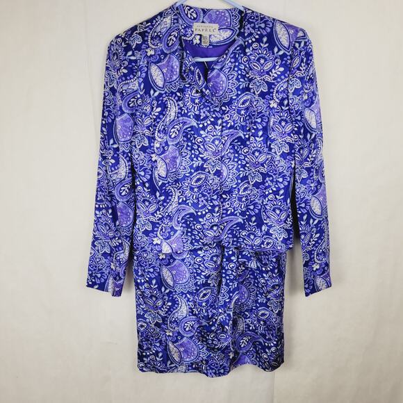 Vintage Adrianna Papell blue floral paisley silk skirt set Size 6 retro maximal - Picture 1 of 16